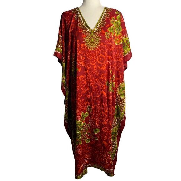 Miss Lavish Kaftan Muumuu Maxi Dress 14-18 Red Floral V Neck Resort Wear Boho - Picture 1 of 6